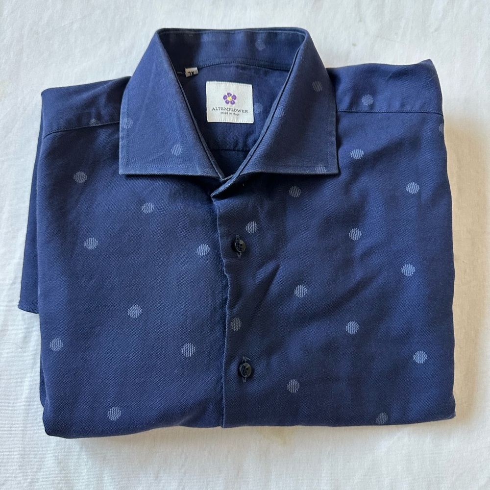 Altemflower Men's Navy Dot-Print Casual Button up Shirt XL Made in Italy